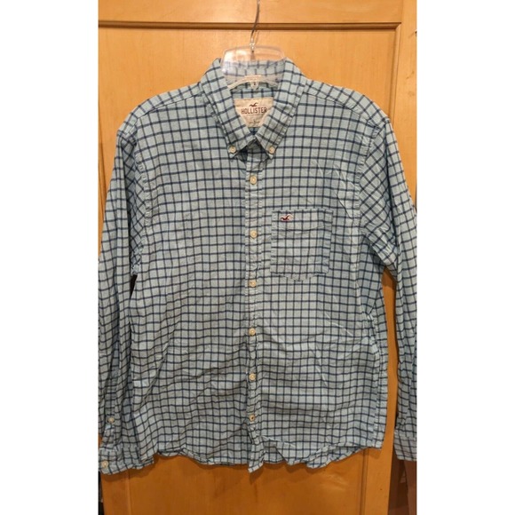 Men's Hollister Blue Plaid Button Down Shirt Size Large‎ Stretch - Picture 1 of 3